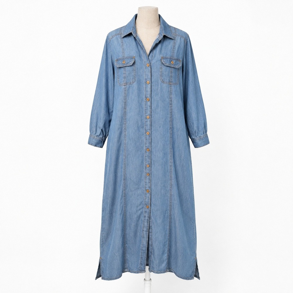 Vintage Y2K Denim Button Shirt Dress Size XL Chambray Long Sleeve Cottagecore